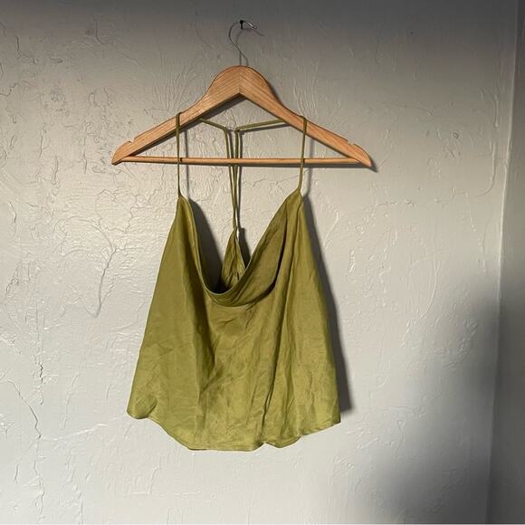 Olive Green Cowlneck Backless Tank Going out Top Flowy Draped sz Large - Picture 2 of 5